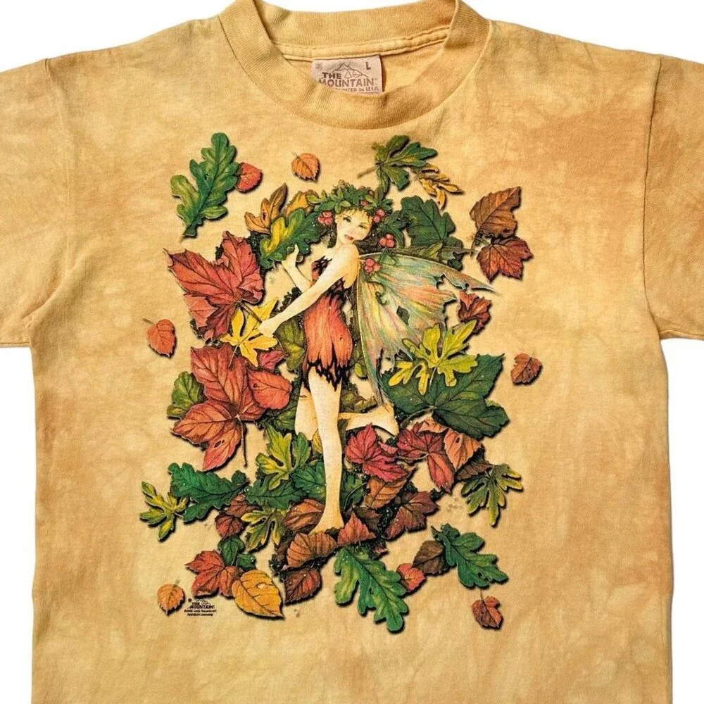 Y2K Vintage Autumn Fairy T-shirt The Mountain Tie Dye 2000 Fall Leaves Motif. - Picture 2 of 6